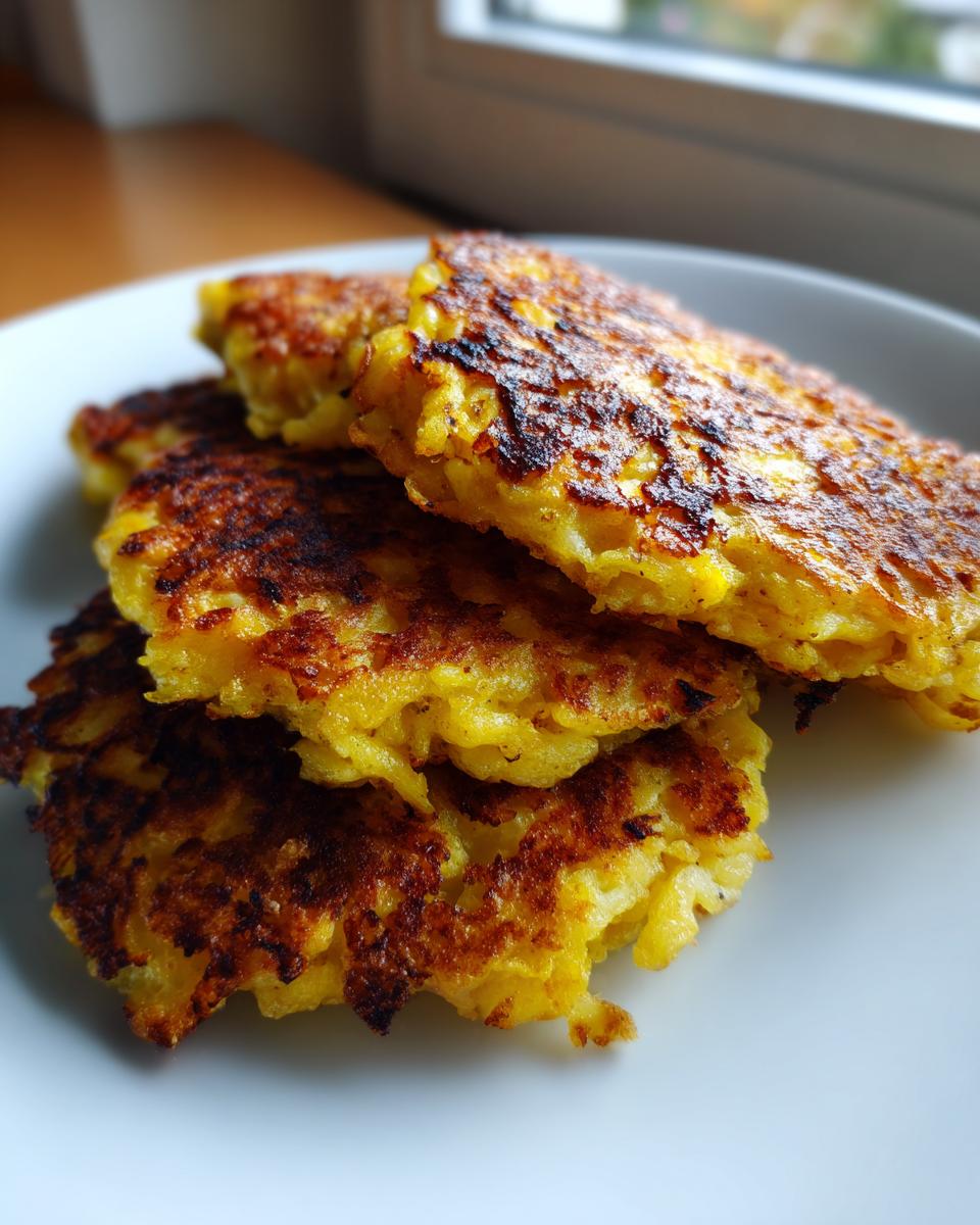 A close-up of four crispy, golden-brown potato pancakes stacked on a white plate.