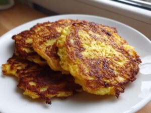 A stack of four crispy, golden brown potato pancakes with shredded texture, served on a white plate.