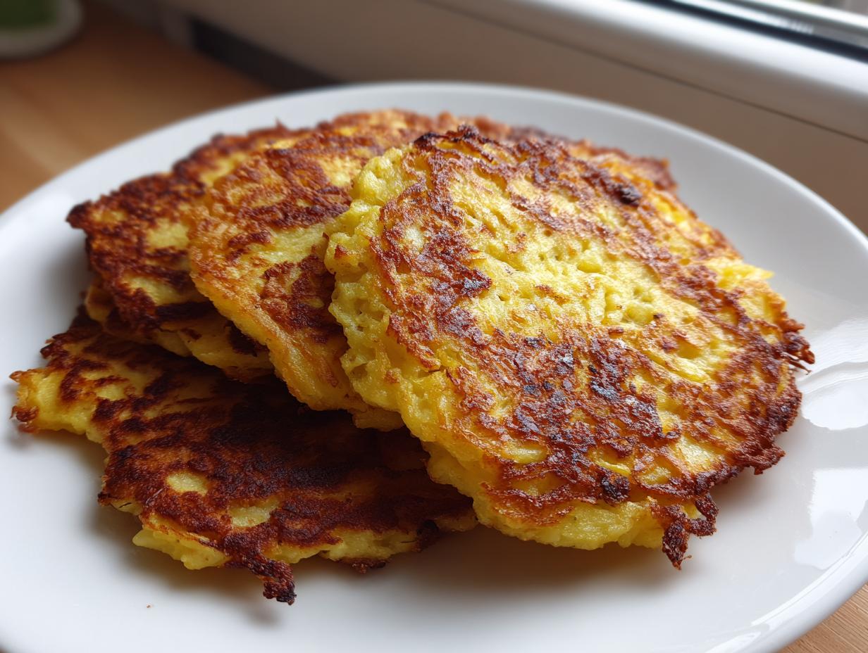 A stack of four crispy, golden brown potato pancakes with shredded texture, served on a white plate.