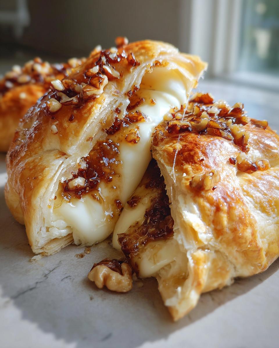 Close-up of baked brie wrapped in flaky pastry, oozing melted cheese and topped with caramelized nuts.