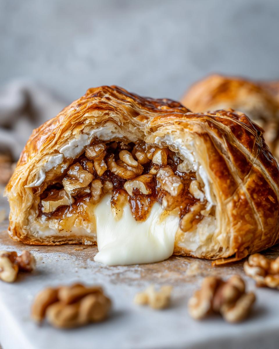 Close-up of baked brie wrapped in flaky pastry, cut open to show melted cheese oozing out with a walnut and honey filling.