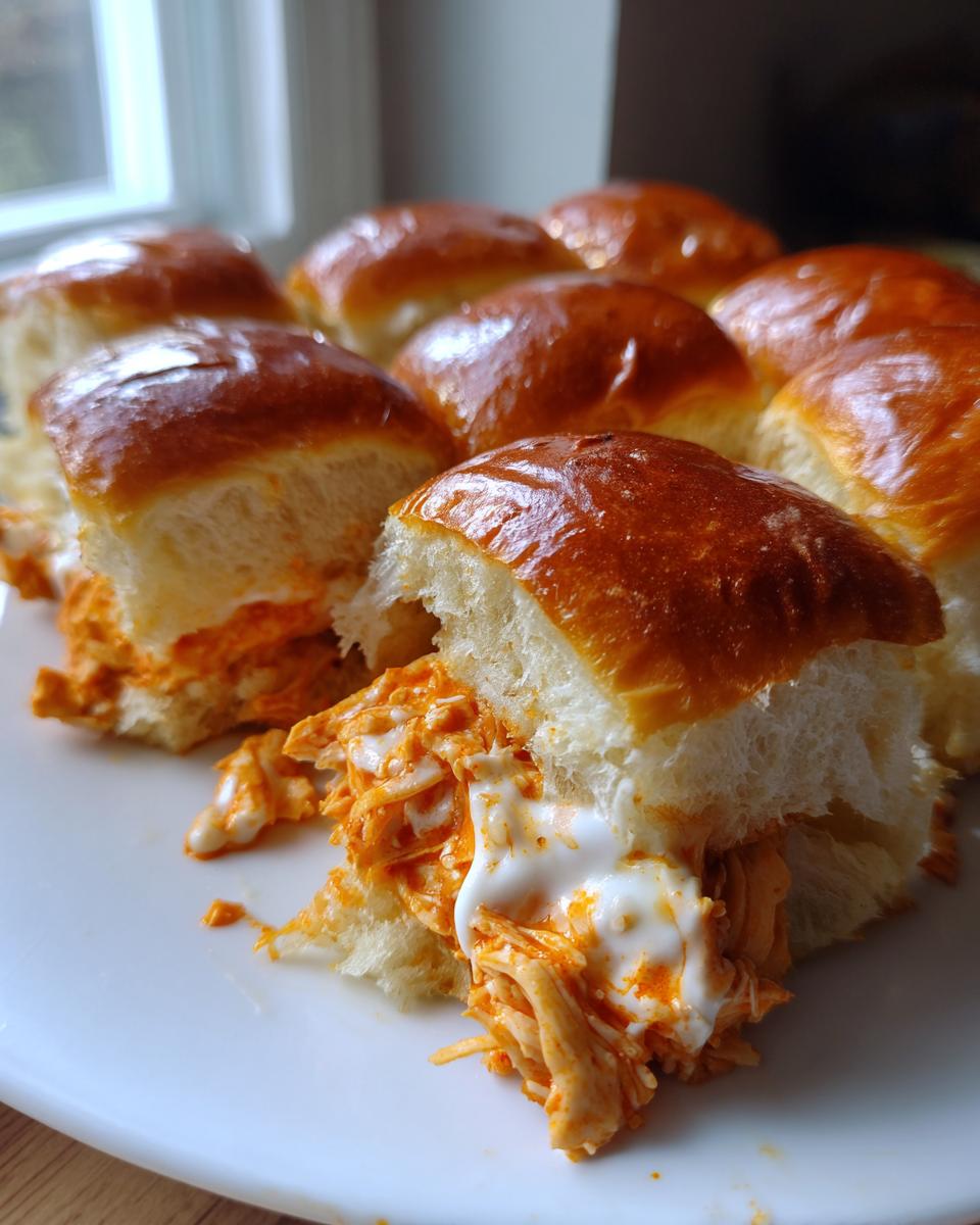 Close-up of a serving of gooey buffalo chicken sliders, showing shredded chicken mixed with sauce and ranch dripping out of a soft roll.