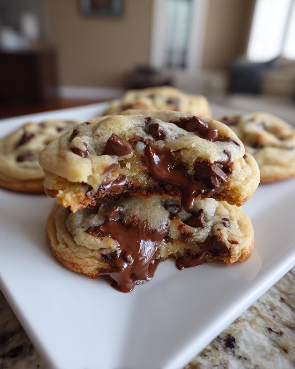 Close-up of a chocolate chip cookie broken in half showing melted, gooey chocolate filling.