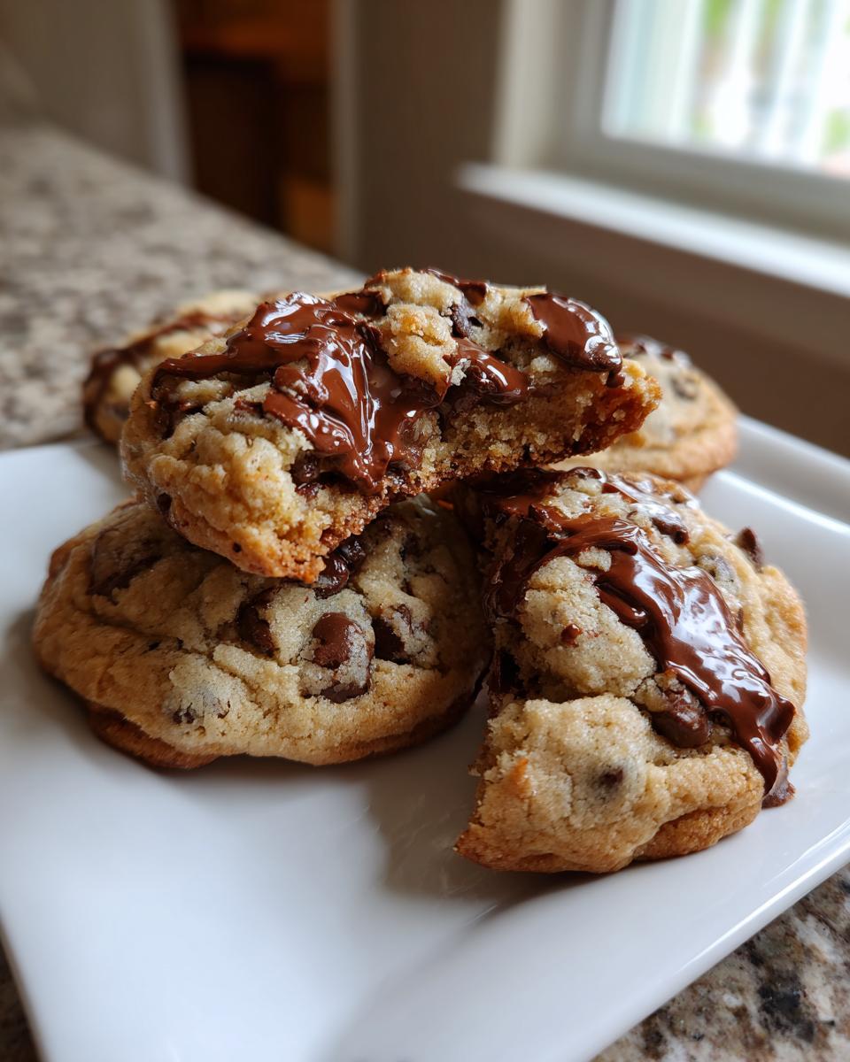 Close-up of amazing 12-minute chocolate chip cookies, one broken open showing a gooey, melted chocolate center.