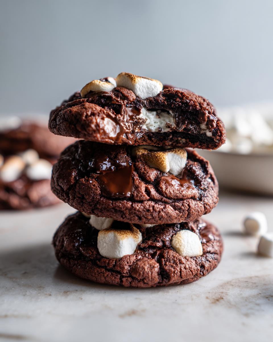 Stack of three rich, dark hot chocolate cookies filled with melted marshmallow and topped with toasted mini marshmallows.