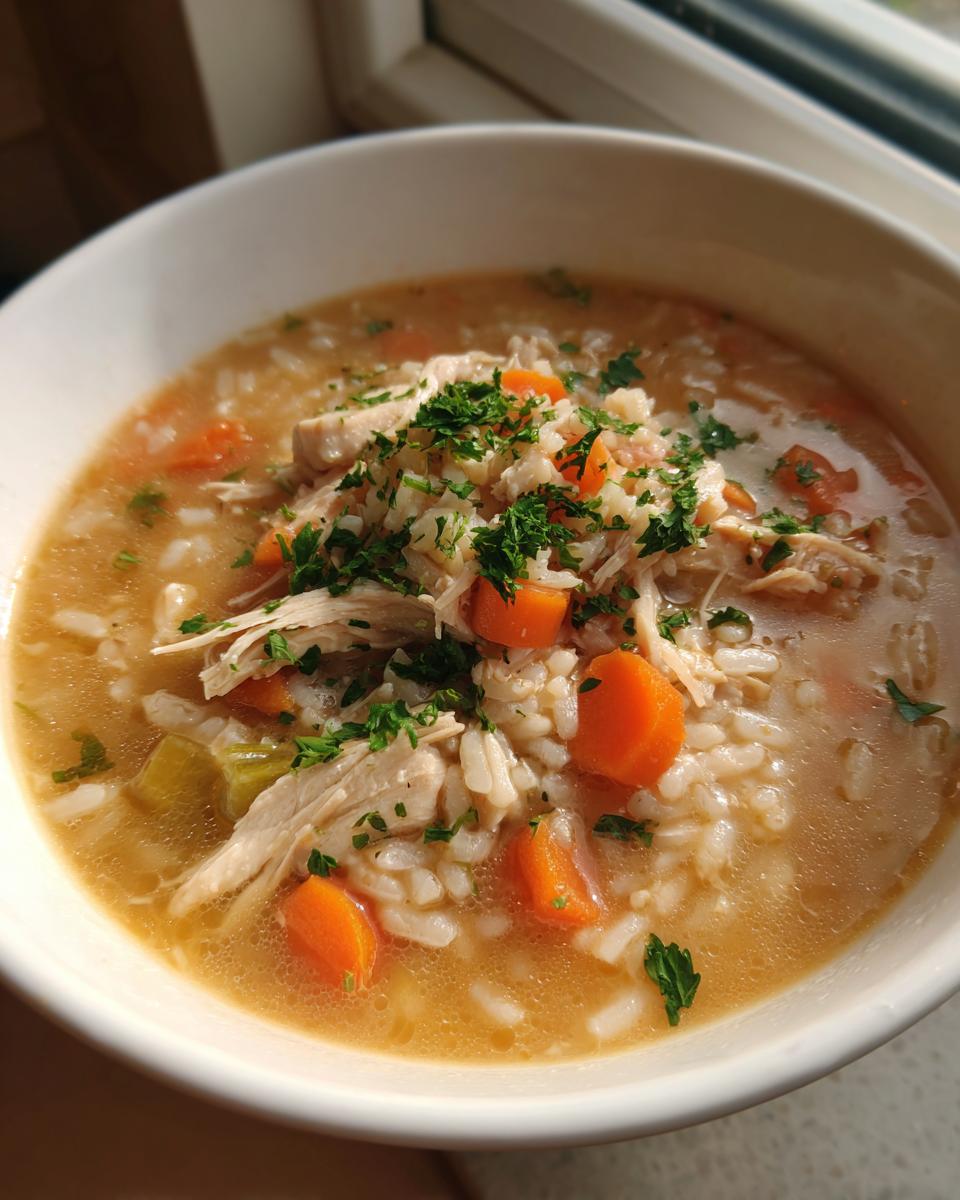 Close-up of a warm bowl of turkey soup filled with shredded turkey, rice, carrots, and topped with fresh parsley.