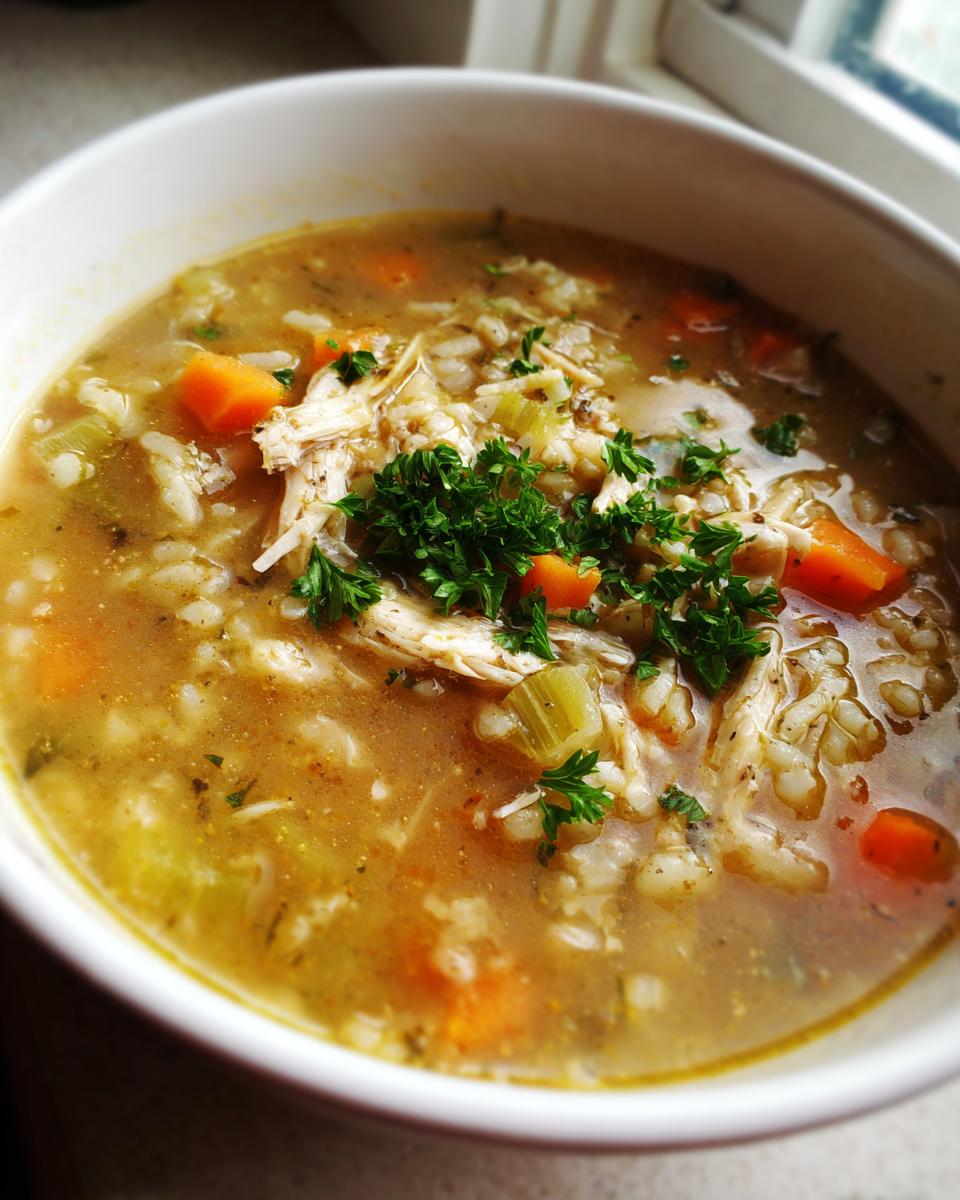 Close-up of a steaming bowl of homemade turkey soup with shredded meat, rice, carrots, celery, and fresh parsley.