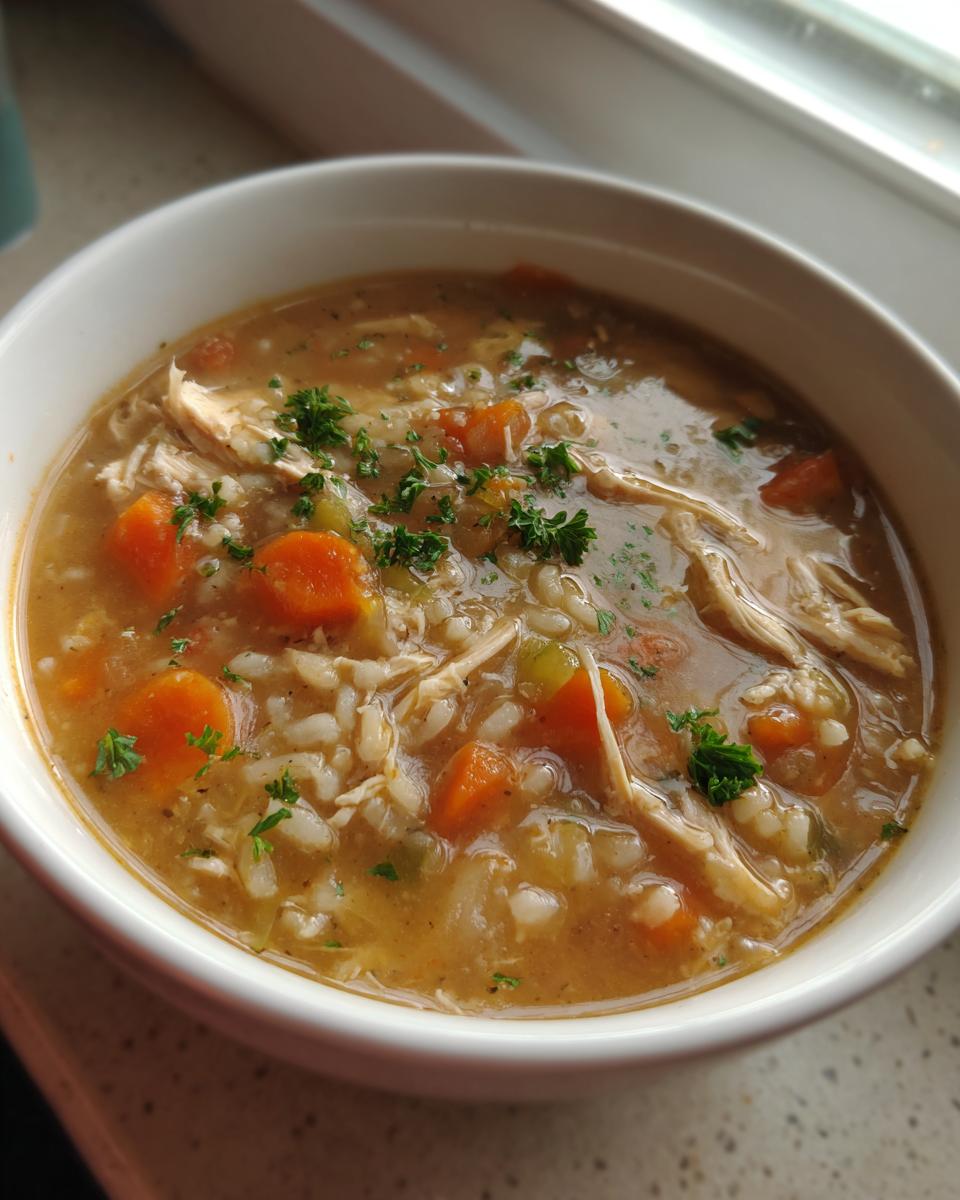 Close-up of a white bowl filled with rich turkey soup, featuring shredded turkey, rice, carrots, and parsley garnish.