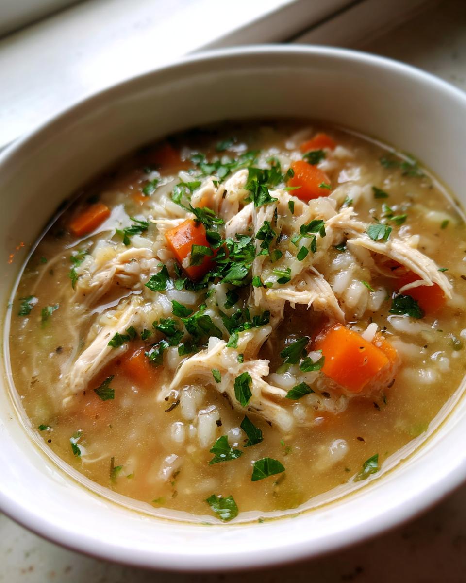 Close-up of a bowl of rich turkey soup featuring shredded turkey, white rice, diced carrots, and fresh parsley garnish.