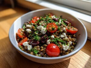 Close-up of a vibrant lentil salad featuring brown lentils, halved cherry tomatoes, feta cheese, and olives.