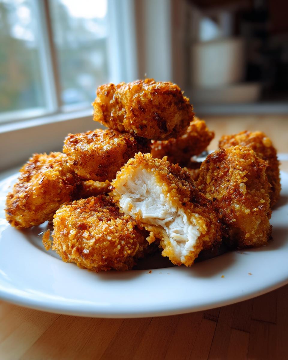 A pile of crispy, golden homemade chicken nuggets on a white plate, one is broken open showing white meat.