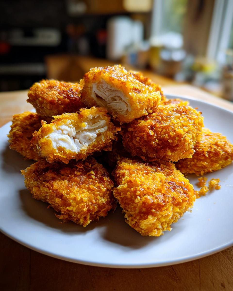 A close-up of crispy, golden homemade chicken nuggets piled on a white plate, one nugget is broken open showing the white chicken meat inside.