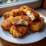 A pile of golden brown homemade chicken nuggets on a white plate, one is cut open showing juicy white meat.