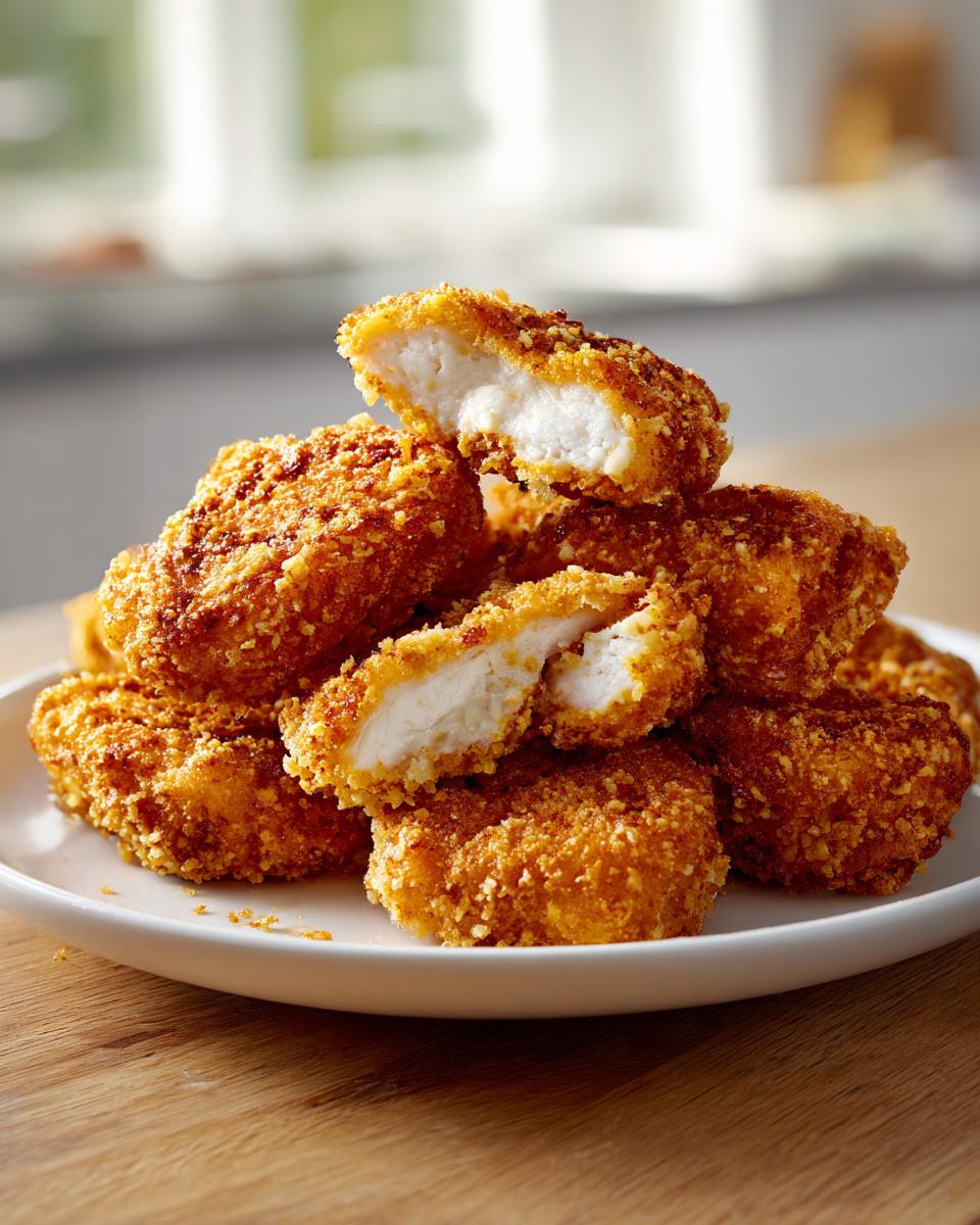 A stack of crispy, golden homemade chicken nuggets on a white plate, one is broken open showing the white chicken meat inside.