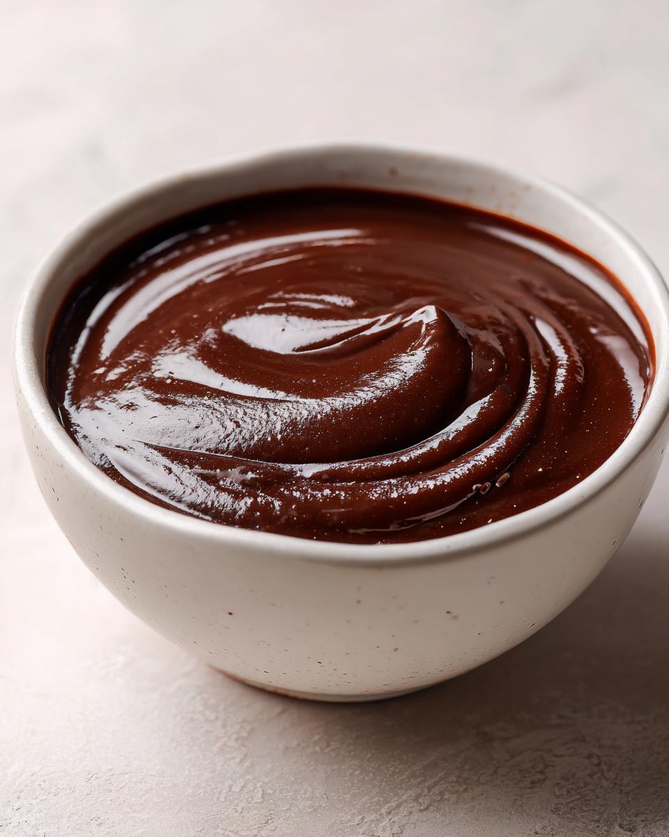 Close-up of thick, glossy homemade chocolate pudding swirled in a small white ceramic bowl.