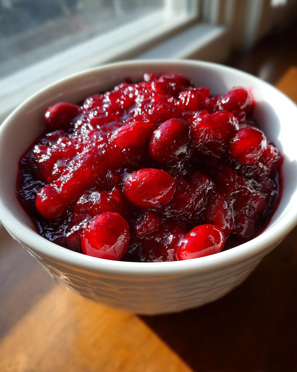 Close-up of vibrant, chunky homemade cranberry sauce with whole berries in a white textured bowl.