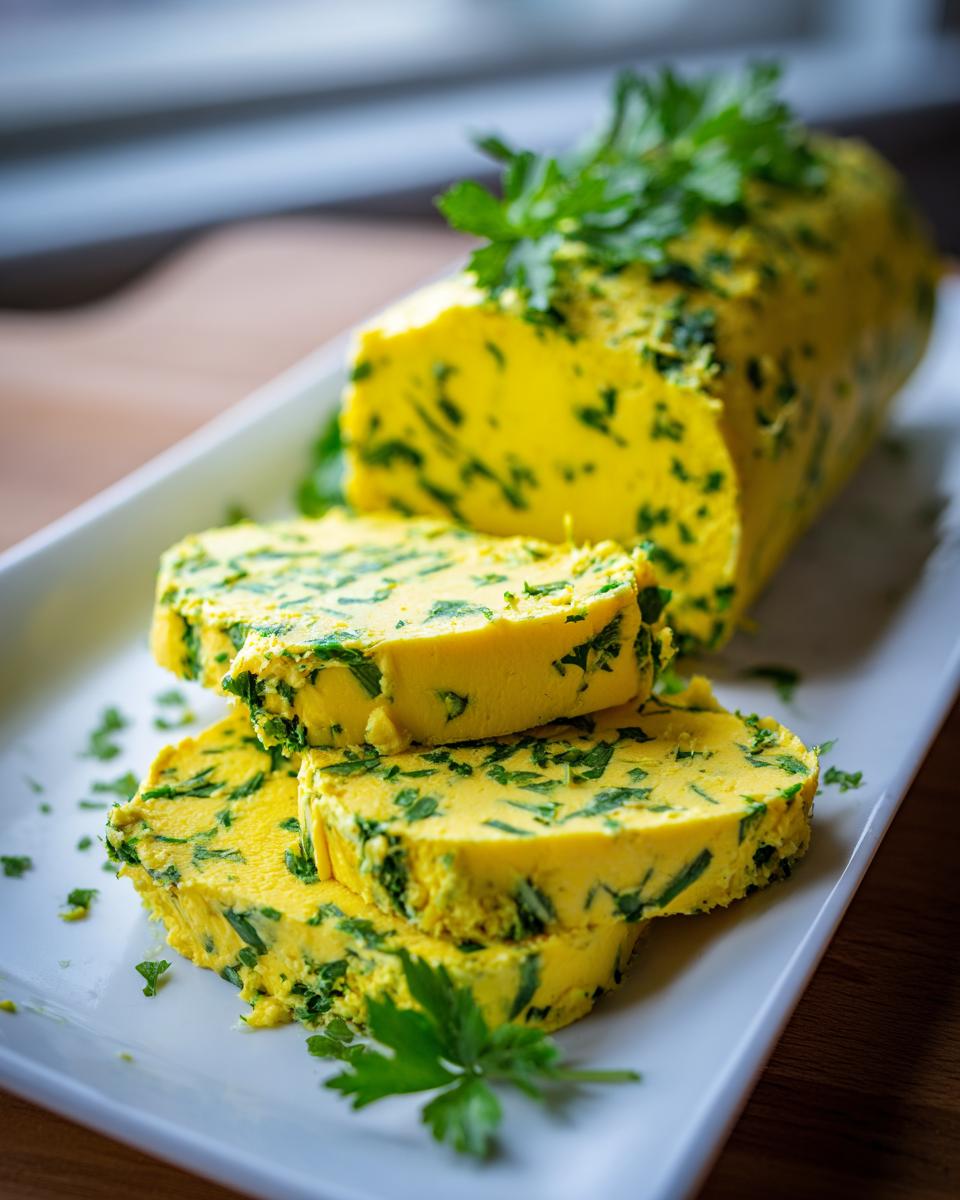 A log of bright yellow garlic butter mixed with chopped green herbs, sliced on a white dish.