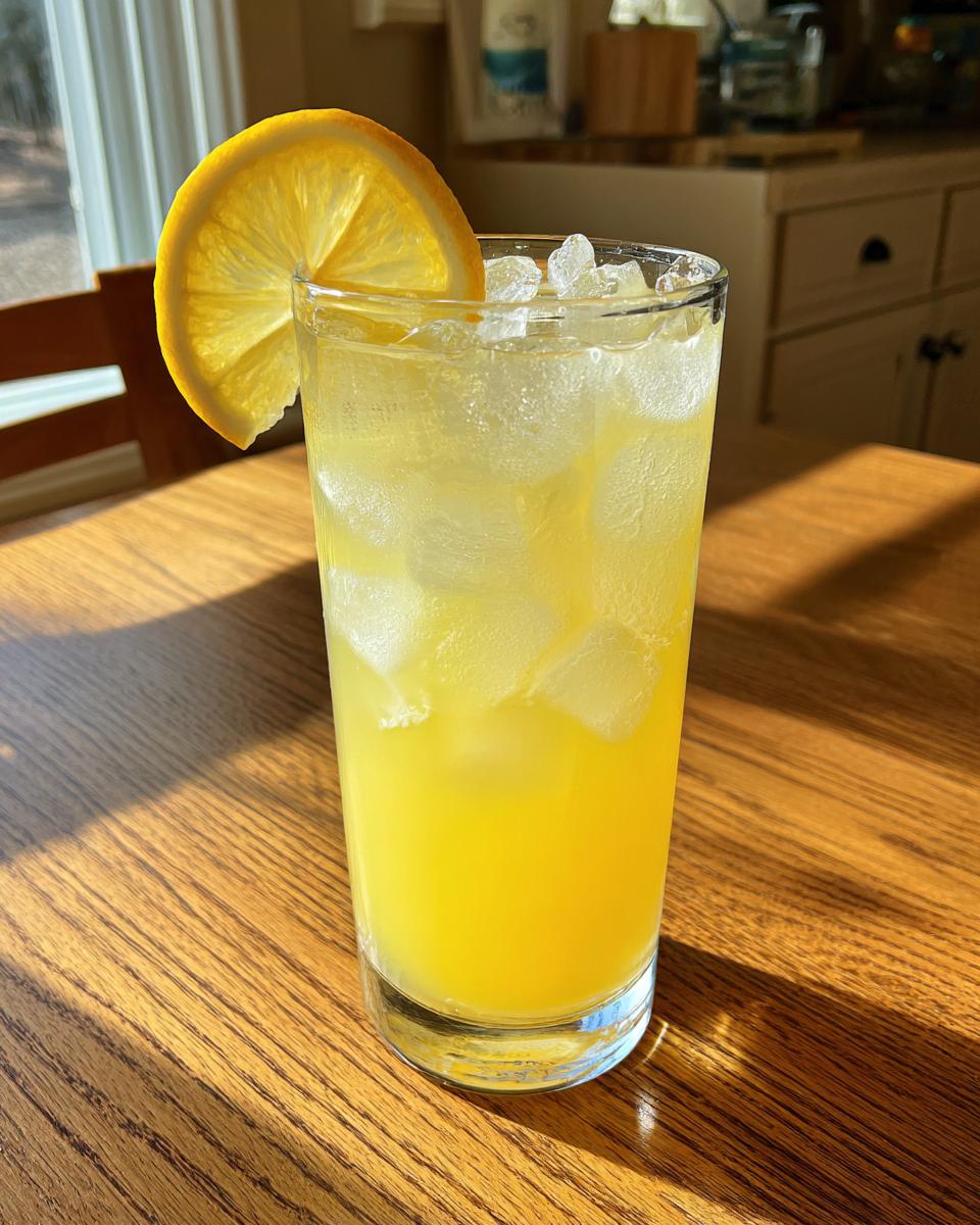 A tall glass filled with ice and bright yellow homemade lemonade, garnished with a fresh lemon slice.