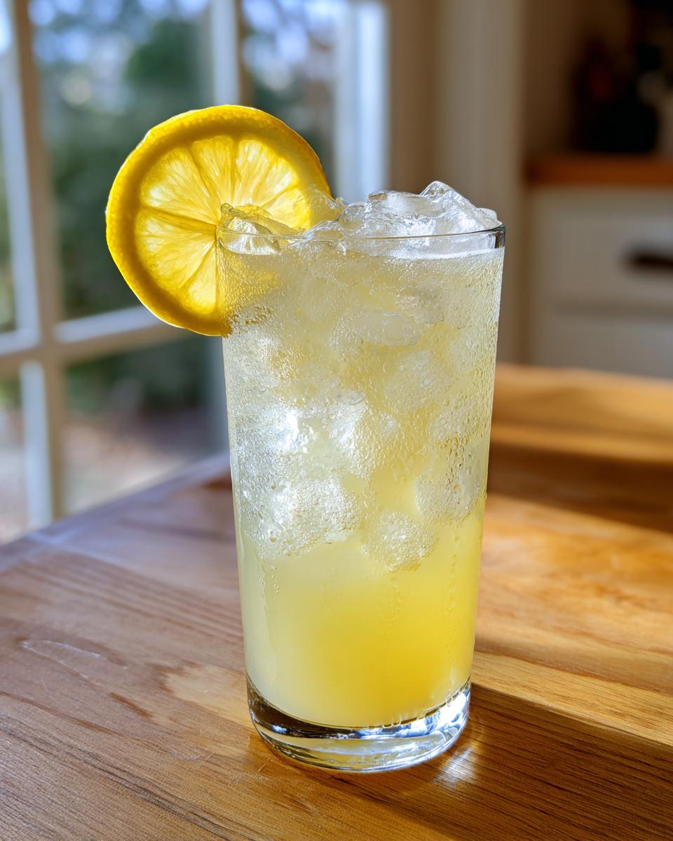A tall glass filled with ice and homemade lemonade, garnished with a bright lemon slice.