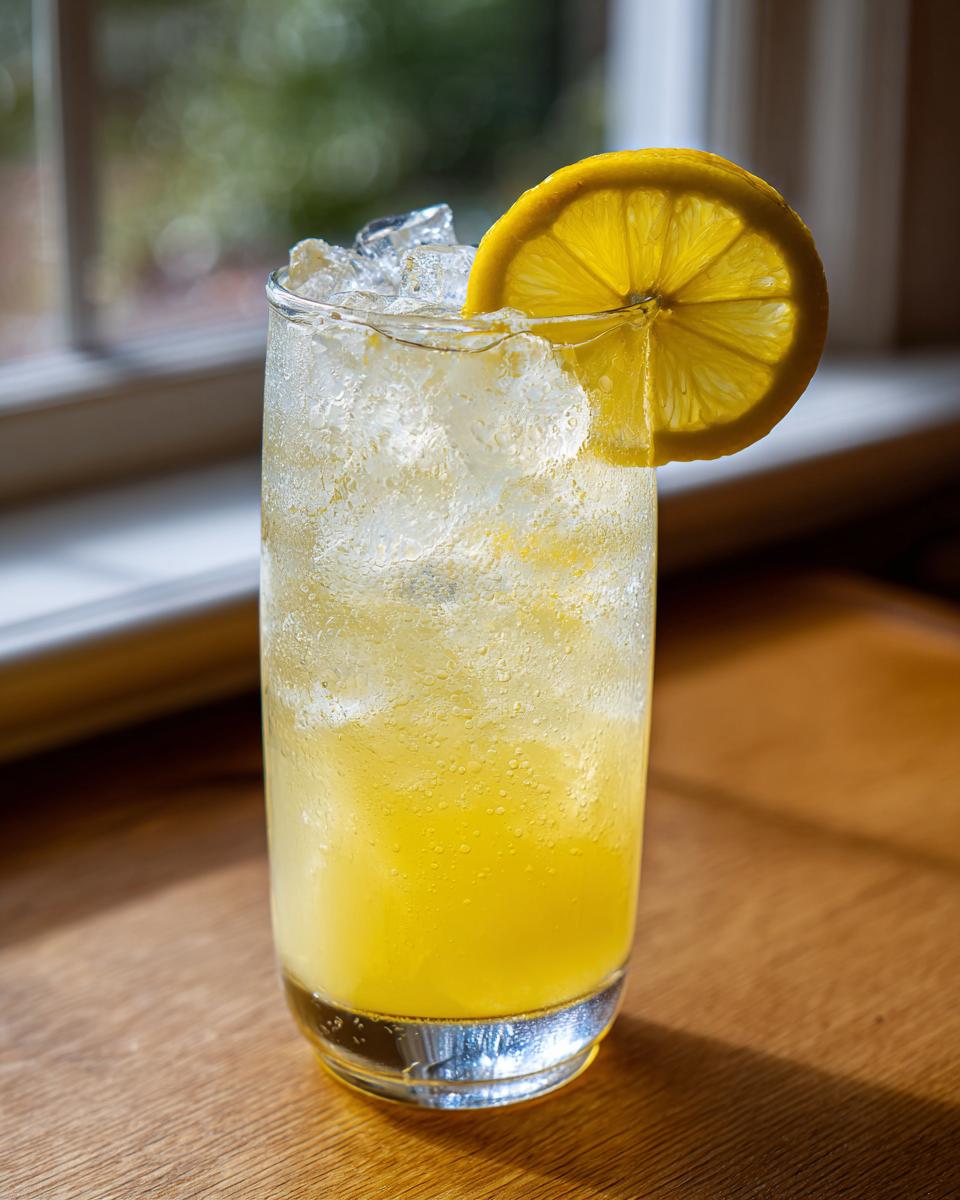 A tall glass filled with cold, bubbly homemade lemonade, ice cubes, and garnished with a bright lemon slice.