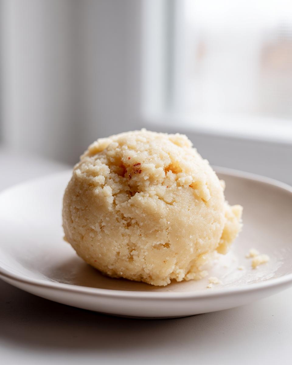 A scoop of light yellow, slightly textured homemade marzipan recipe dough resting on a small white plate.
