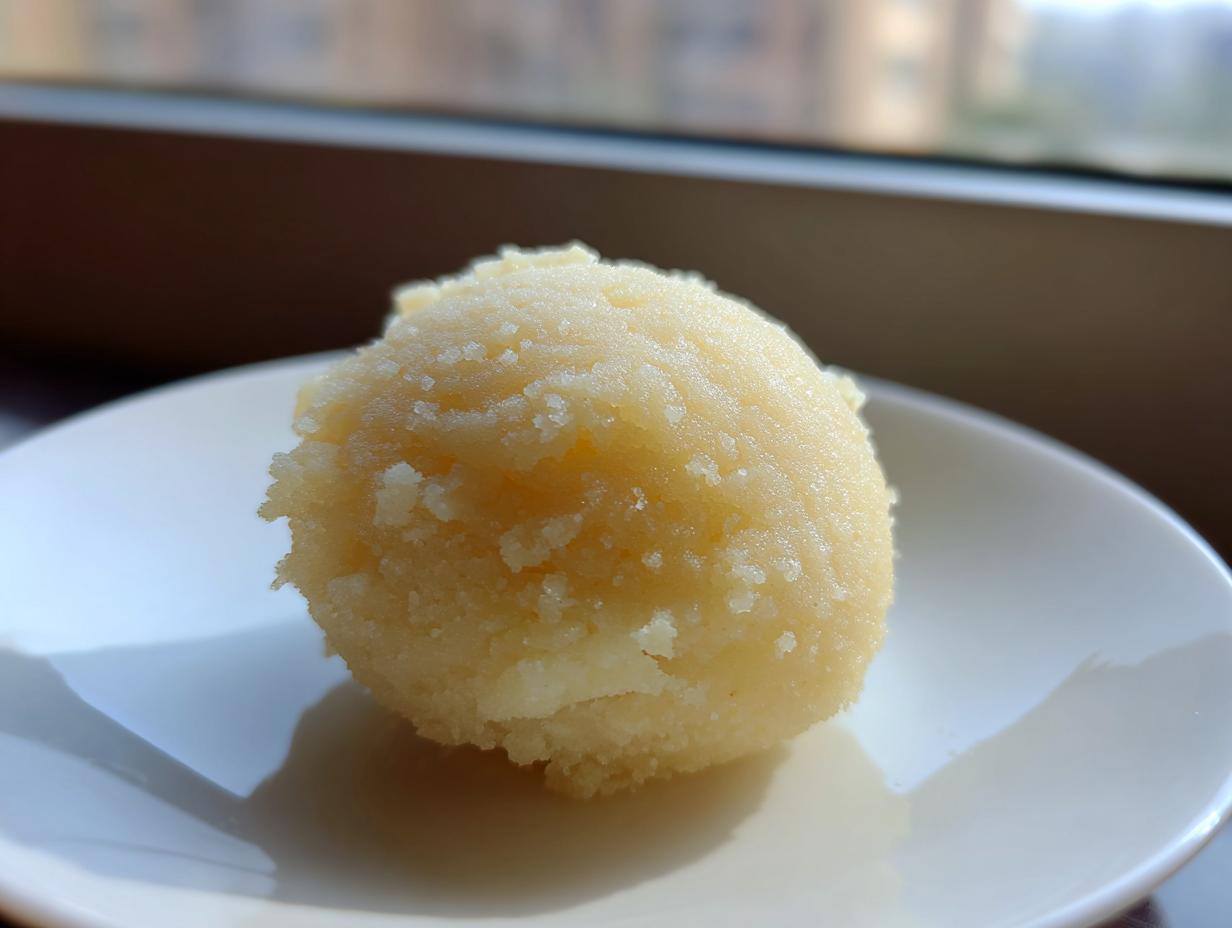 A close-up of a freshly made ball of homemade marzipan recipe dough resting on a small white plate.