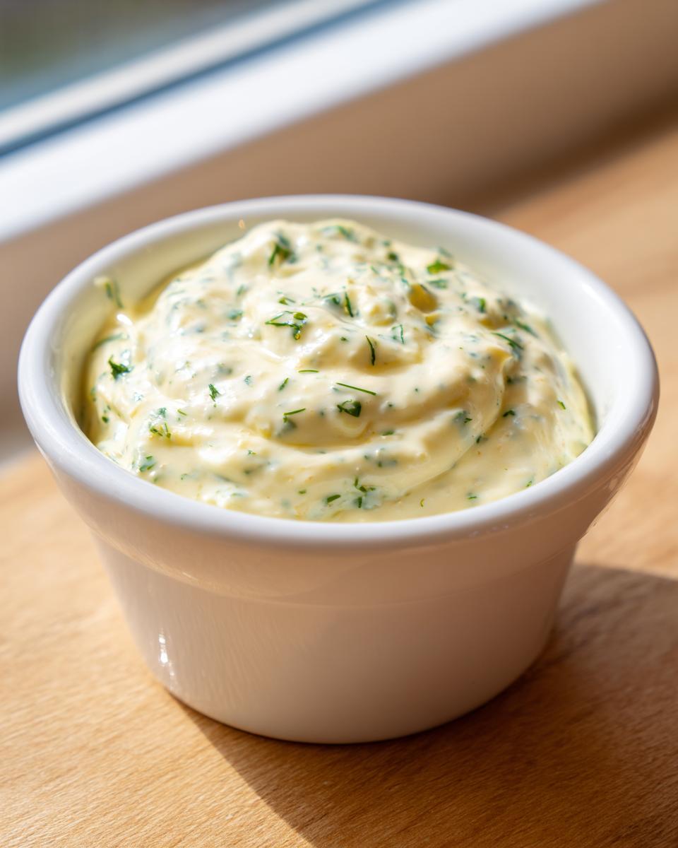 Close-up of creamy homemade tartar sauce recipe, flecked with green herbs, in a small white bowl.