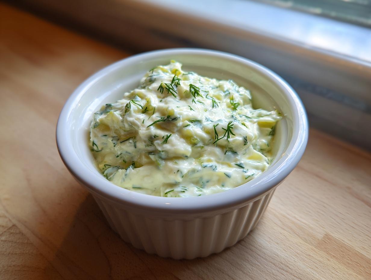 Close-up of creamy homemade tartar sauce recipe, garnished with fresh dill, in a small white bowl.