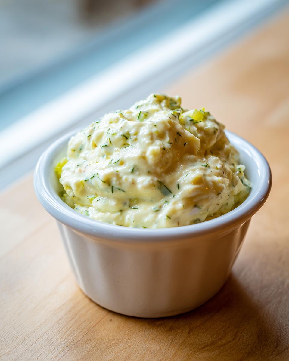 Close-up of creamy homemade tartar sauce recipe, featuring visible herbs and relish, served in a small white bowl.