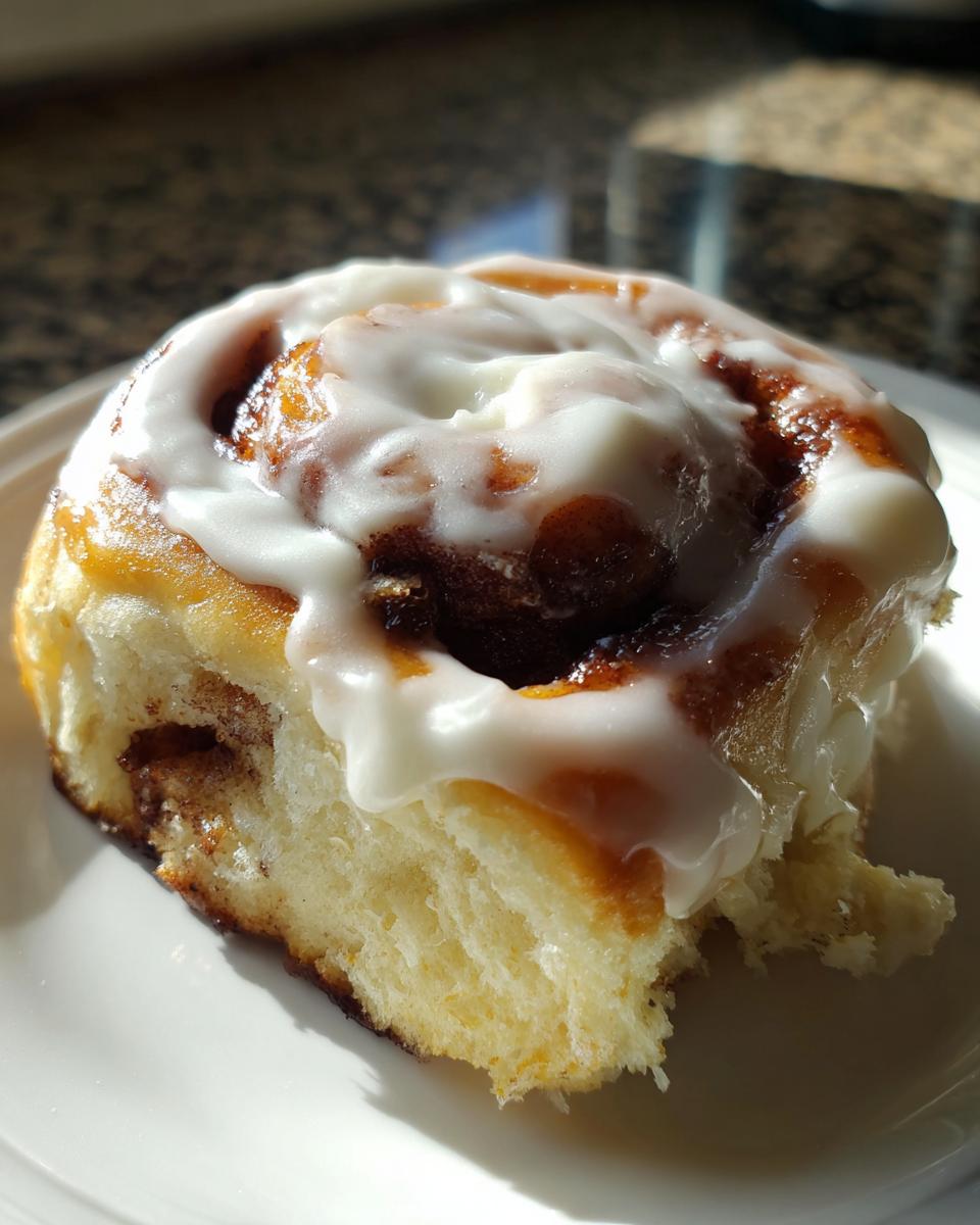 A close-up of a single, fluffy cinnamon bun topped generously with white icing, sitting on a white plate.