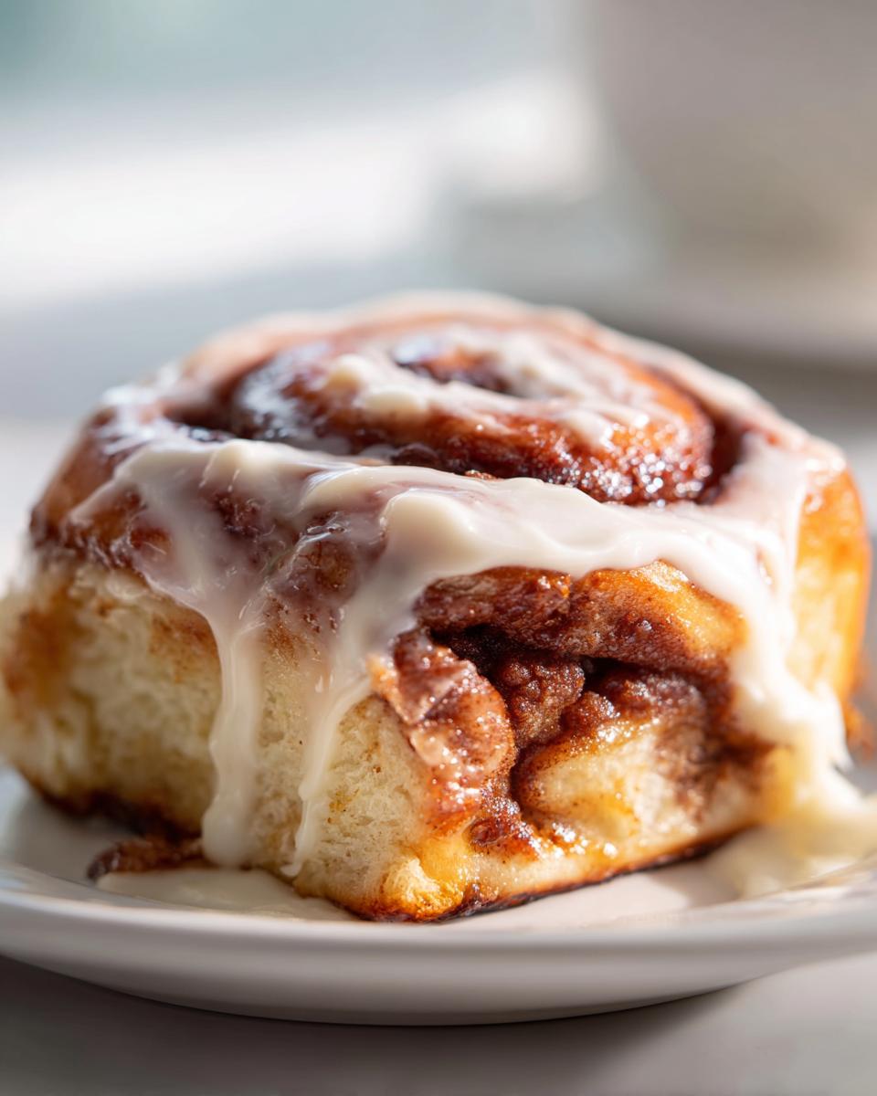 A close-up of a single, freshly baked cinnamon bun topped with thick white icing.