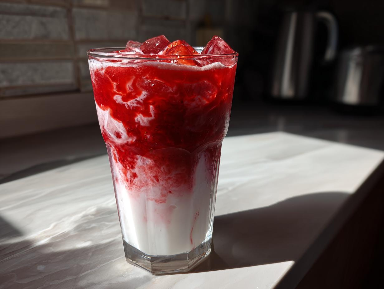 A tall glass of homemade strawberry milk showing layers of white milk and bright red strawberry syrup swirling together, topped with ice cubes.