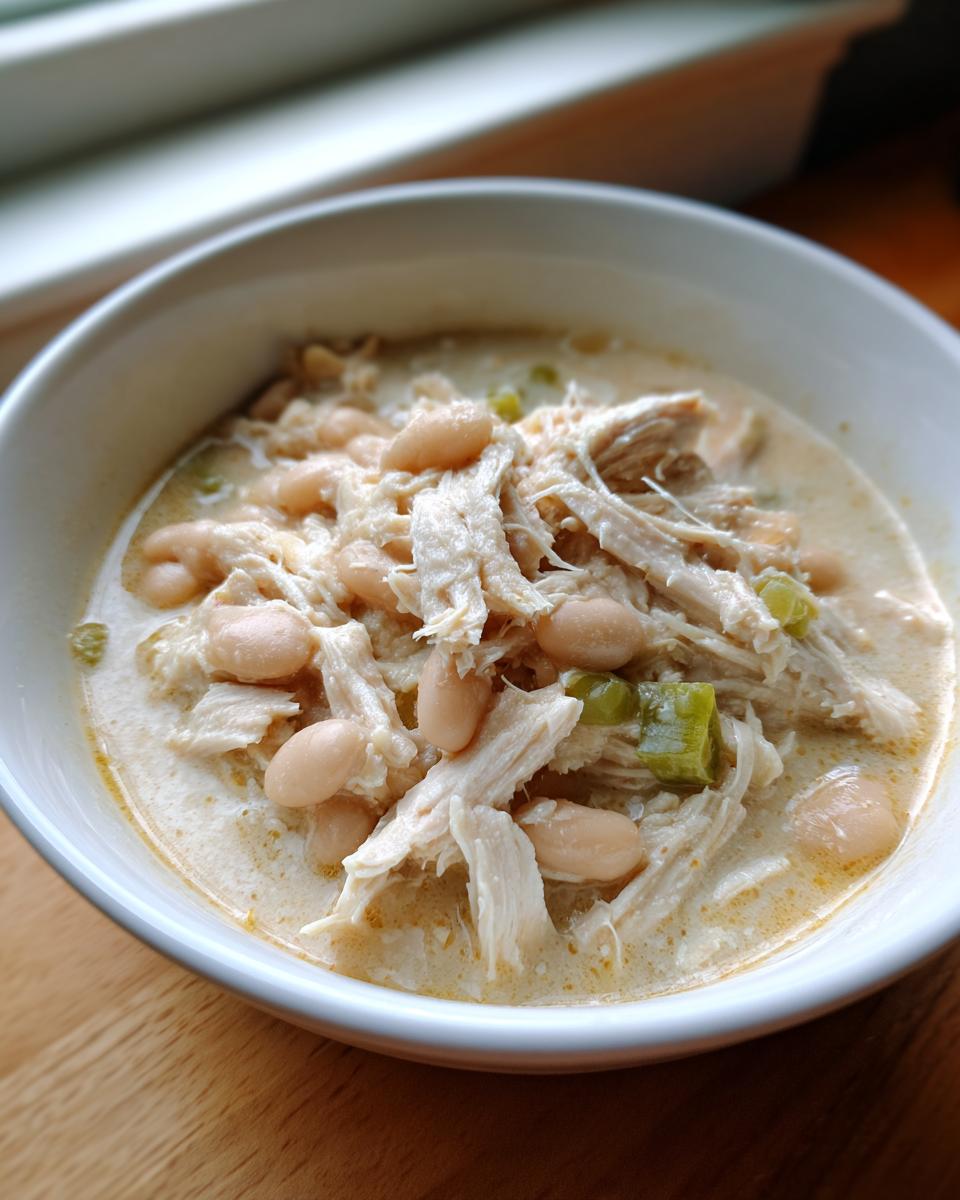 A close-up shot of creamy instant pot white chicken chili featuring shredded chicken and white beans.