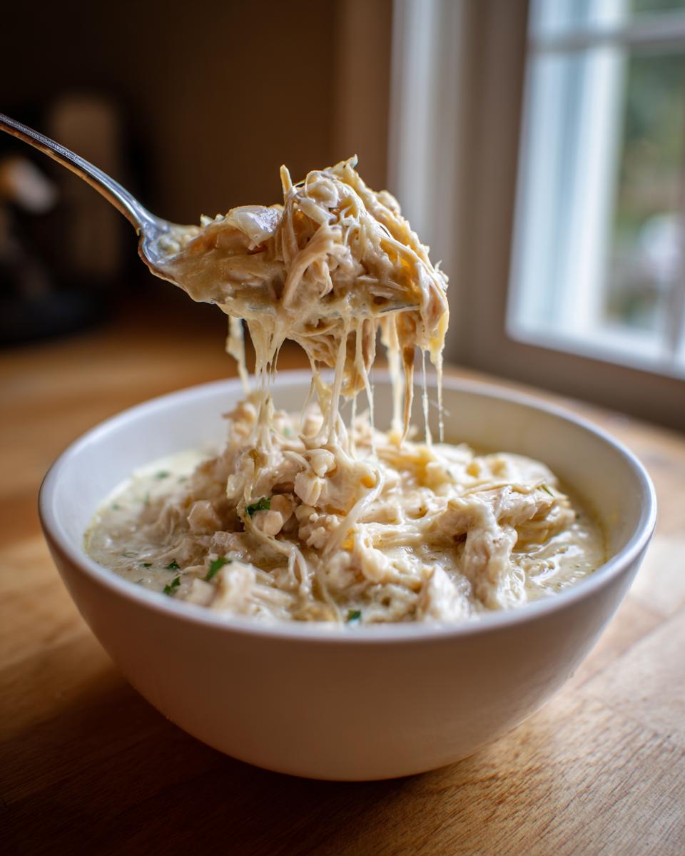 A spoonful of creamy, shredded chicken being lifted from a bowl of instant pot white chicken chili.