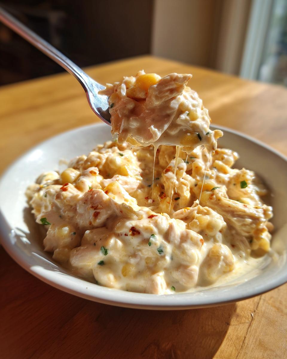 A spoonful of creamy instant pot white chicken chili being lifted from a white bowl, showing shredded chicken and beans.