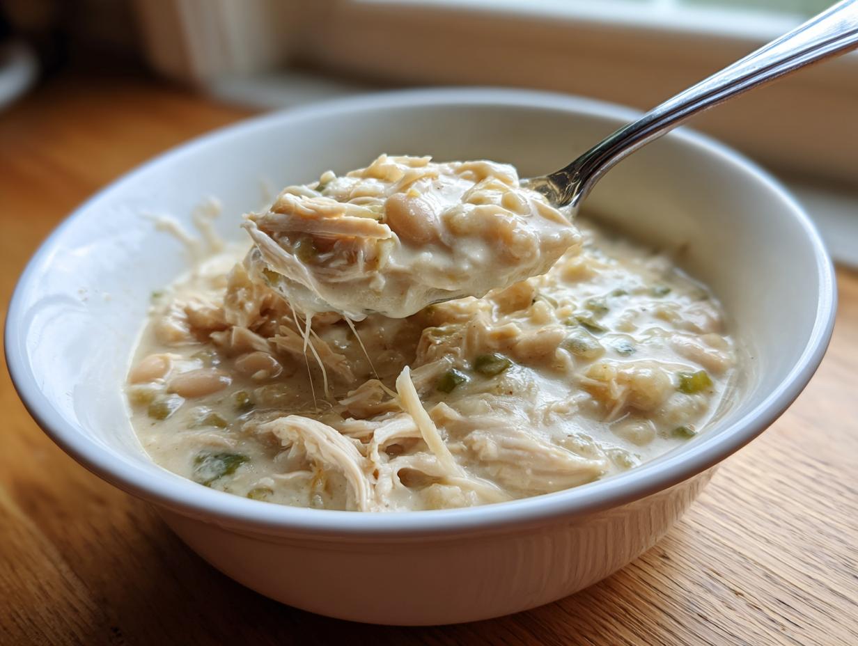 A spoonful of creamy instant pot white chicken chili showing shredded chicken and white beans being lifted from a white bowl.