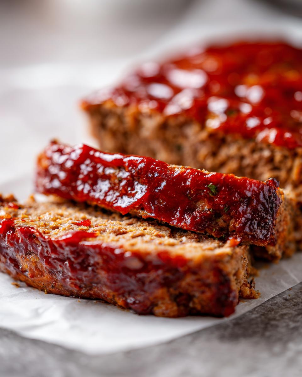 Close-up of two thick slices of juicy meatloaf topped with a shiny, dark red glaze.