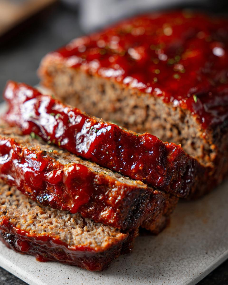 Close-up of sliced, juicy meatloaf topped with a thick, glossy red glaze.