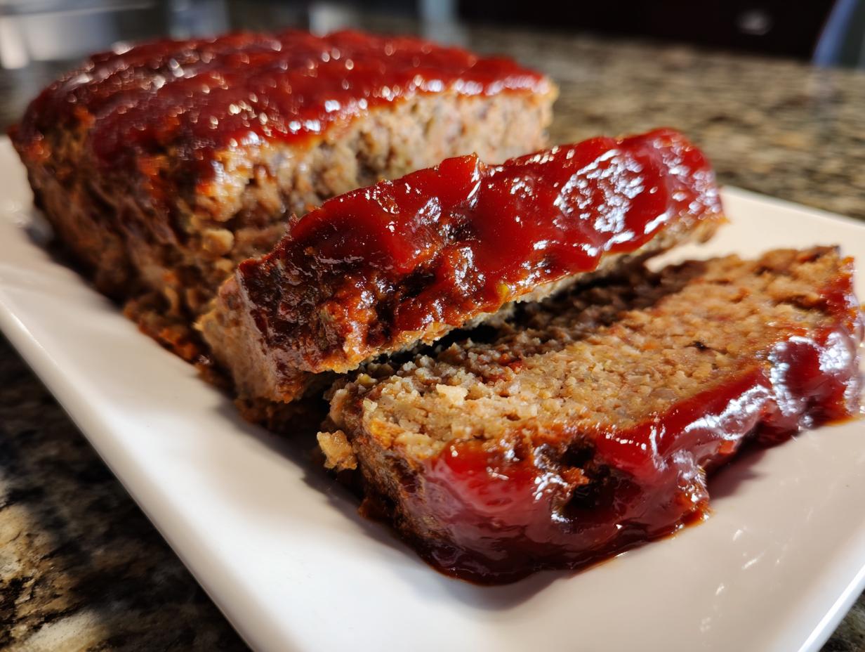 Close-up of a sliced, juicy meatloaf covered in a thick, glossy red glaze, served on a white rectangular plate.