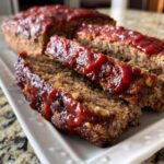 Close-up of sliced, juicy meatloaf topped with a thick, shiny red ketchup glaze on a white platter.