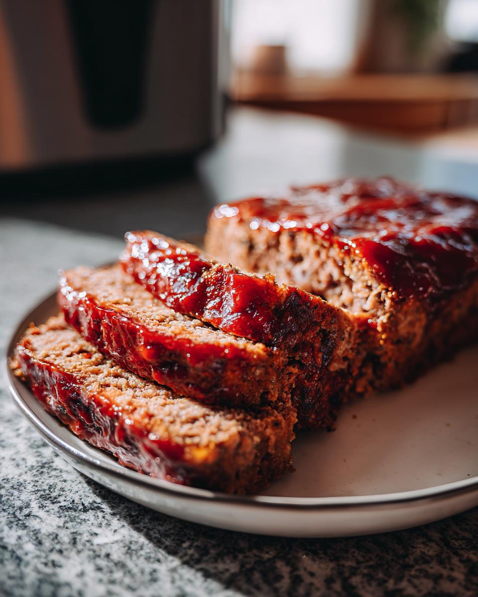 Close-up of three thick slices of juicy meatloaf topped with a rich, dark red glaze.