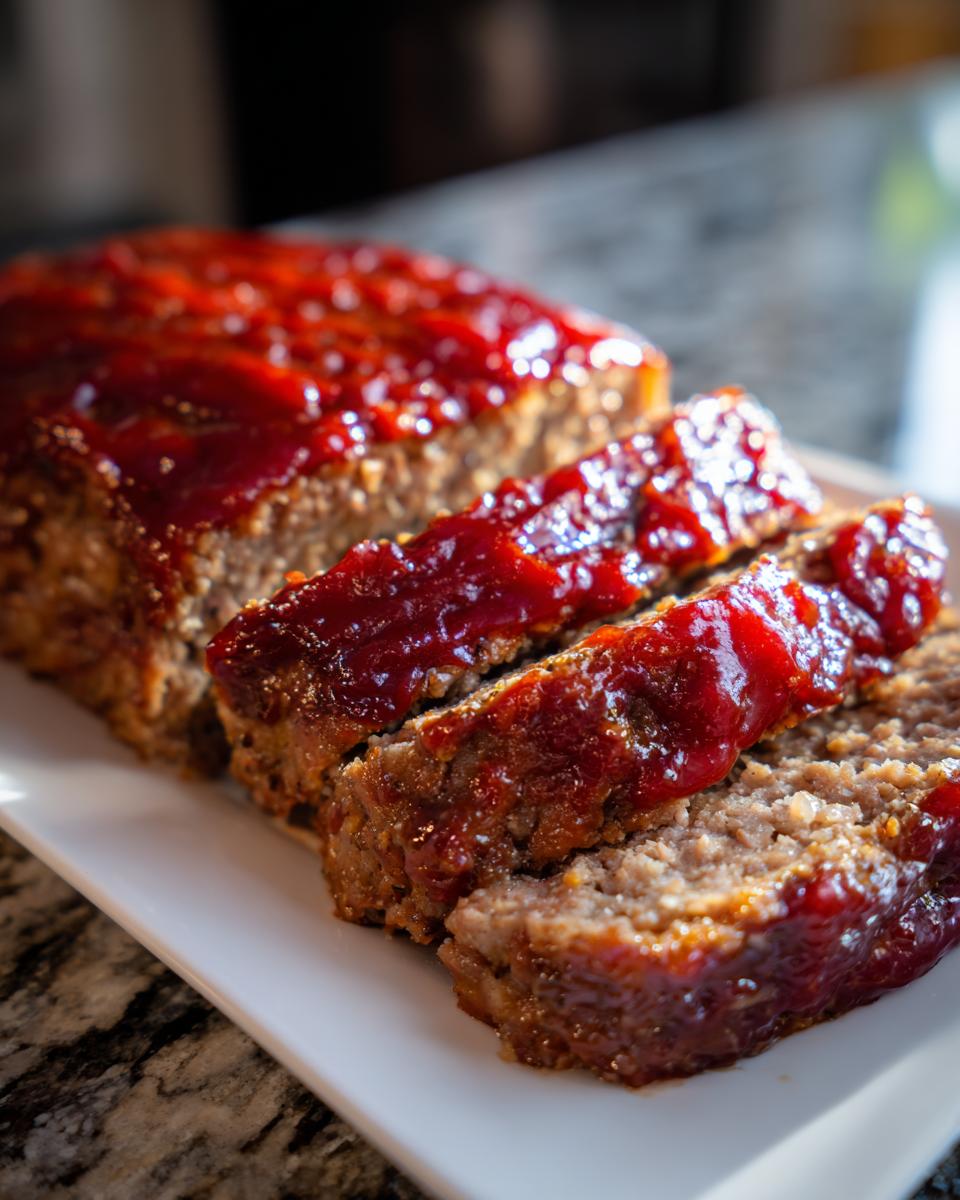 Close-up of sliced, juicy meatloaf topped with a thick, glossy red glaze on a white platter.