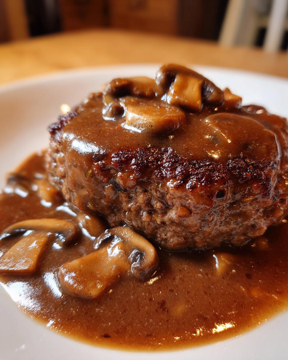 Close-up of a perfectly seared salisbury steak smothered in brown mushroom gravy.