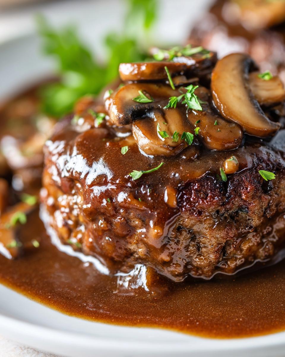 A close-up of a juicy salisbury steak patty smothered in rich brown gravy and topped with sautéed mushrooms and parsley.