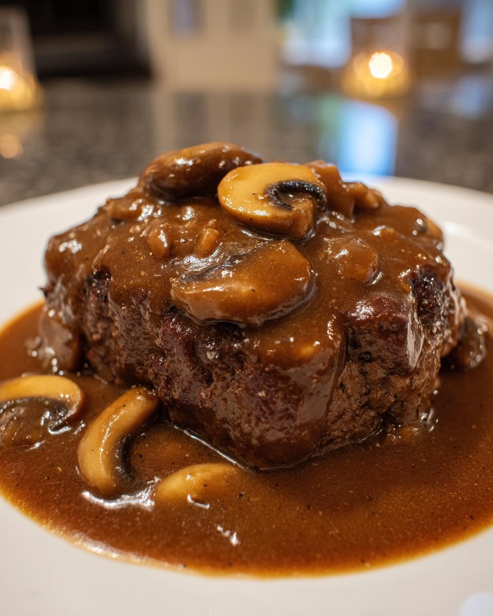 Close-up of a thick, juicy salisbury steak covered in rich brown mushroom gravy.
