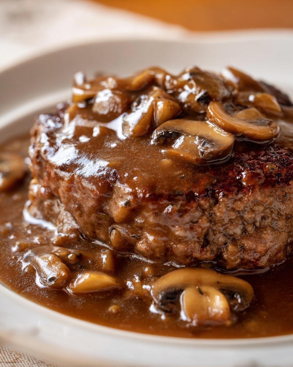 Close-up of a juicy salisbury steak smothered in rich brown mushroom gravy.