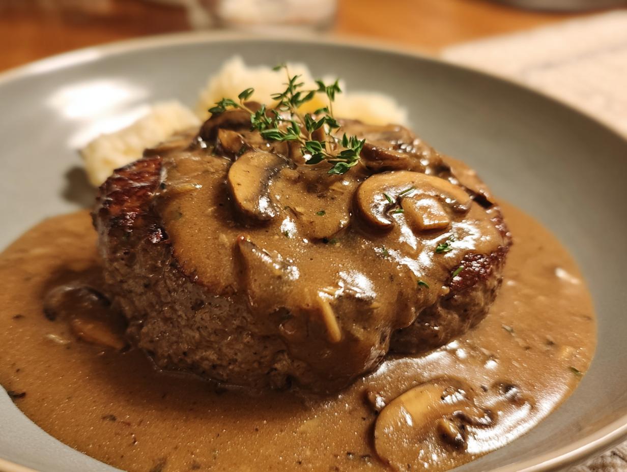 A close-up of a juicy salisbury steak smothered in rich mushroom gravy and garnished with fresh thyme.