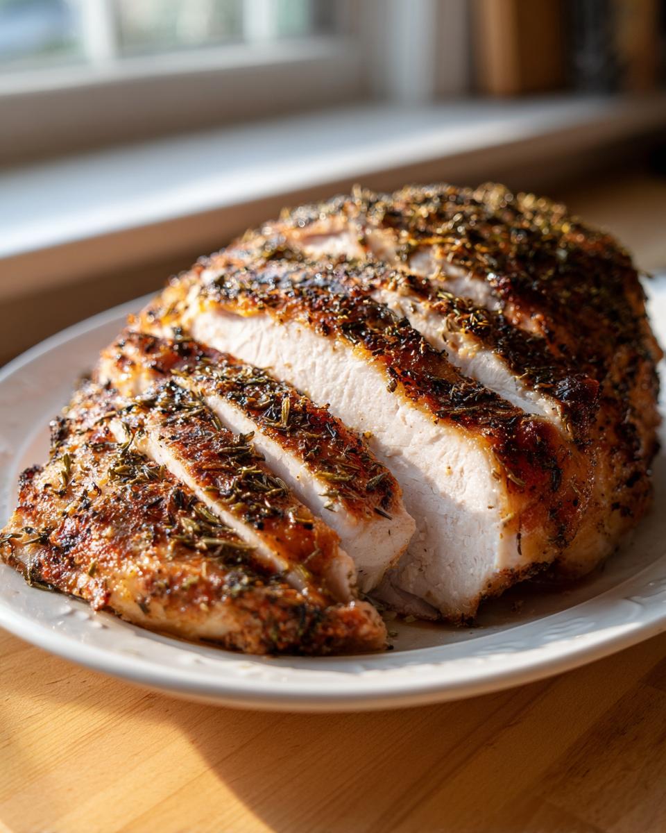 A beautifully browned, sliced slow cooker turkey breast seasoned with herbs, resting on a white plate.