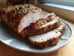 A beautifully roasted and sliced slow cooker turkey breast, crusted with herbs, resting on a light gray plate.