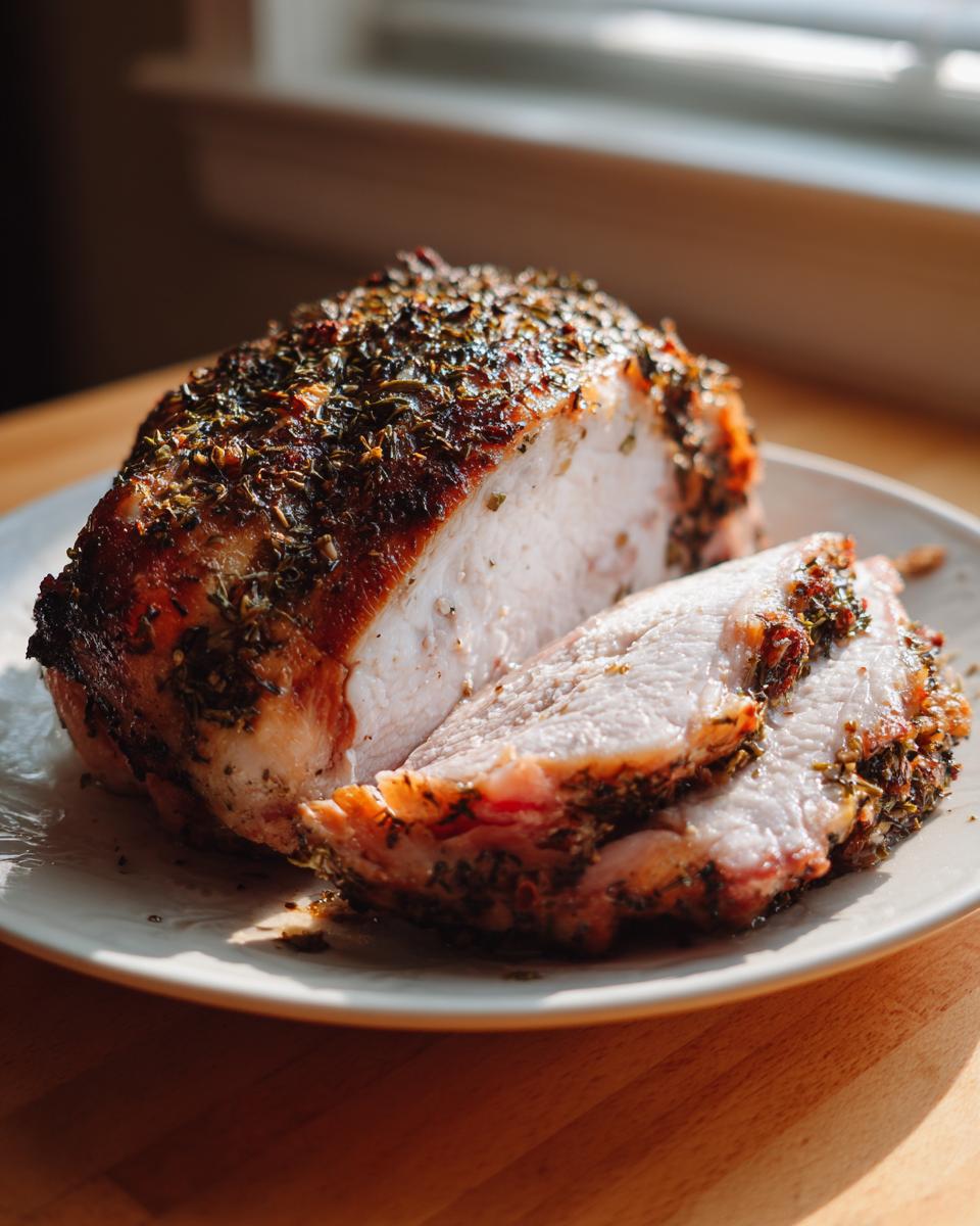 A beautifully seasoned and sliced slow cooker turkey breast roast resting on a white plate.